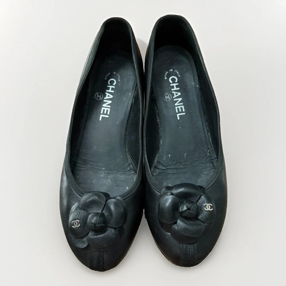 Chanel G30752 Camellia Black Leather Grosgrain Trim Flat Shoes 38
